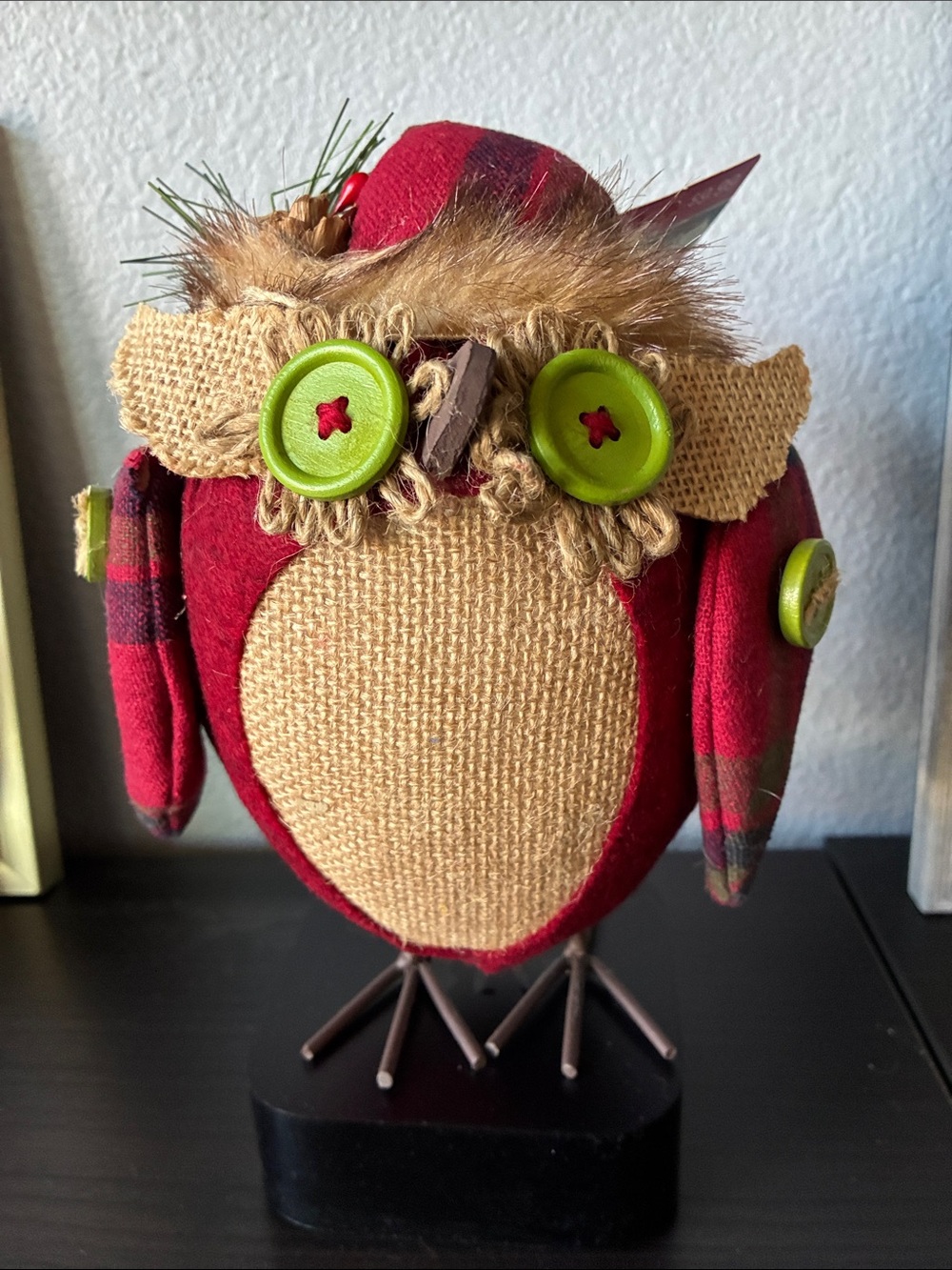 Red Burlap Owl Holiday Accent Decor with Green Button Eyes